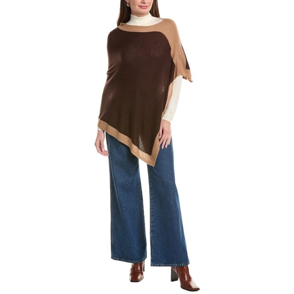 Forte Contrast Trim 100% Cashmere Poncho, Brown